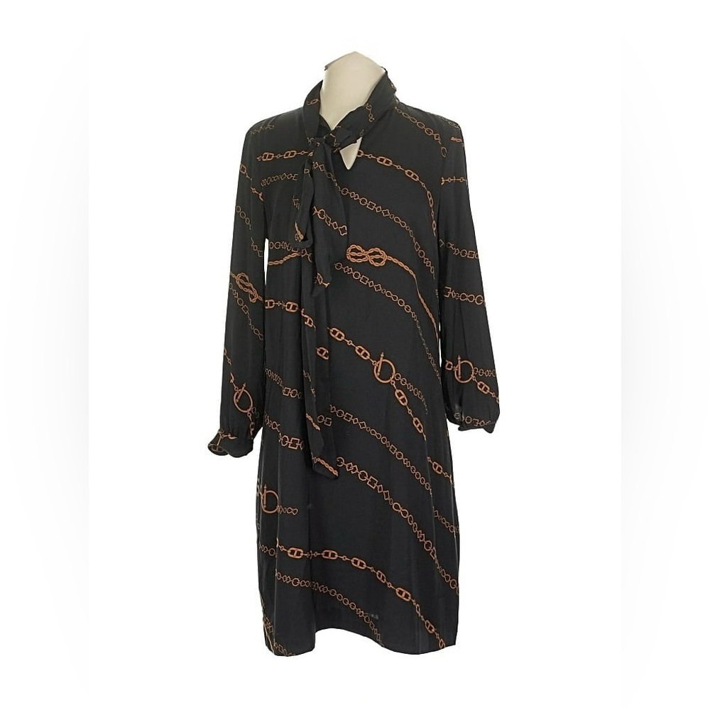 Ann Taylor Black and Gold Chain/Horsebit Print Shift Dress